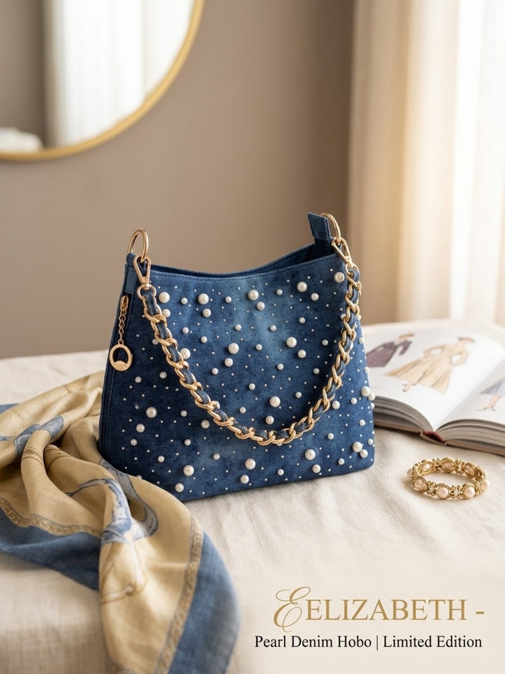J.Elizabeth Navy Pearl-Studded Denim Hobo Bag with Gold Chain